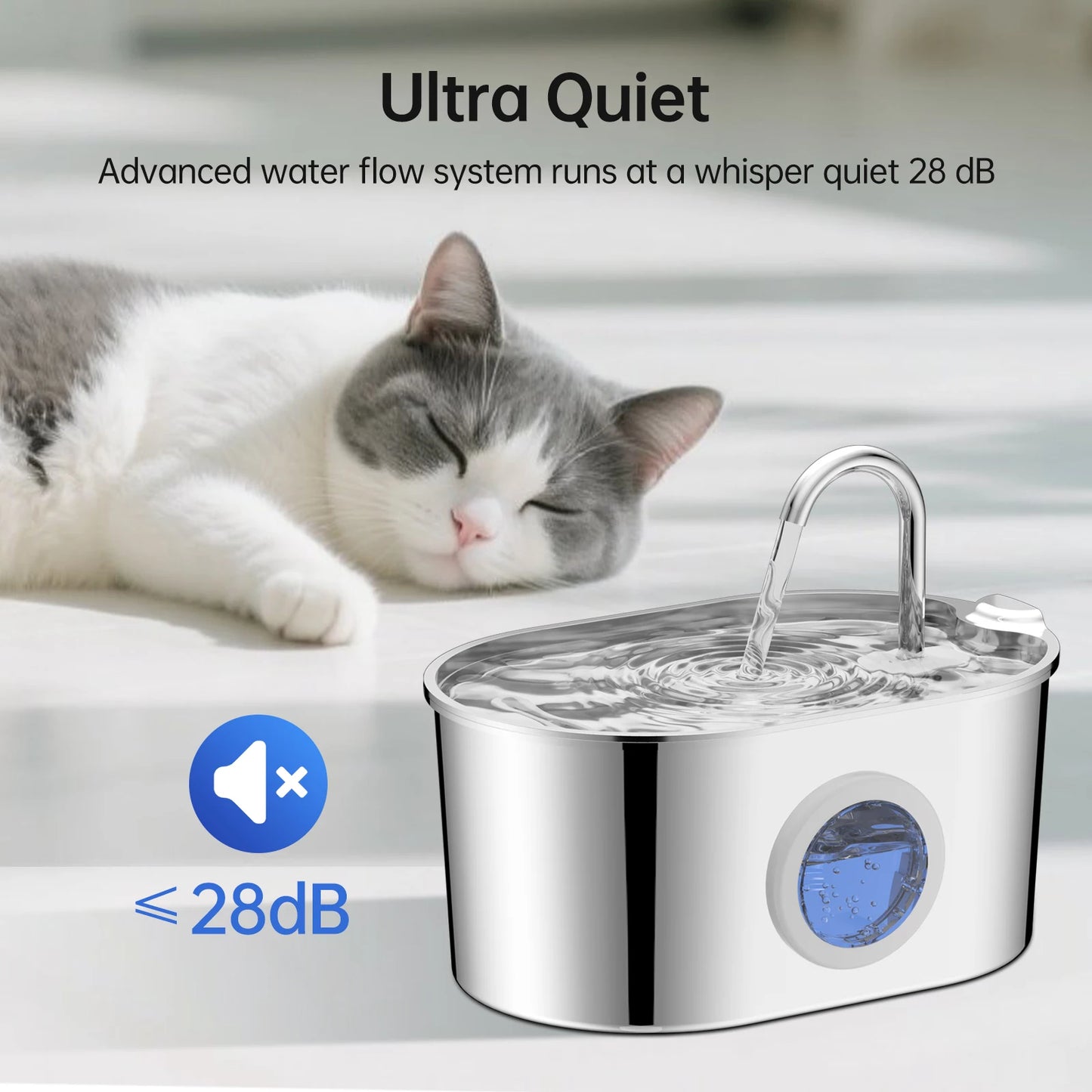 Stainless steel cat fountain, 74 oz/2.2 liters with water level windows and silent water pump for cats and puppies