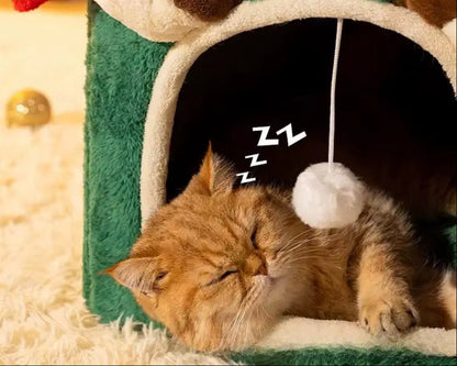 Christmas Pet House - Winter Warm Thickened 4-Season Cat Dog Bed Removable Washable Enclosed Fleece-Lined Tent House