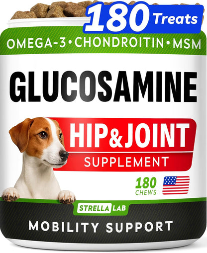 Glucosamine Treats for Dogs - Joint Supplement W/ Omega-3 Fish Oil - Chondroitin, MSM - Advanced Mobility Chews - Joint Pain Relief - Hip & Joint Care - Chicken Flavor - 180 Ct - Made in USA
