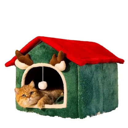 Christmas Pet House - Winter Warm Thickened 4-Season Cat Dog Bed Removable Washable Enclosed Fleece-Lined Tent House